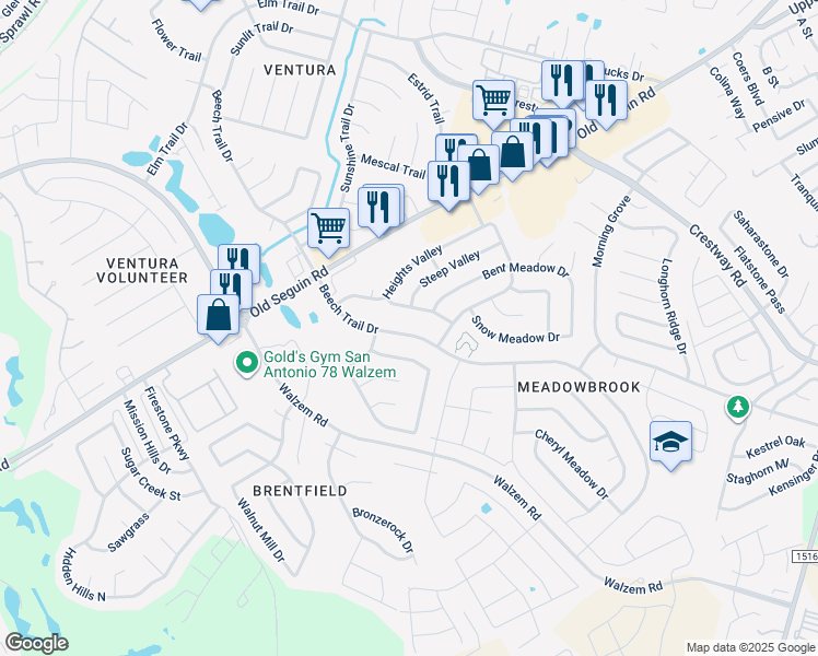 map of restaurants, bars, coffee shops, grocery stores, and more near 6659 Beech Trail Drive in Converse
