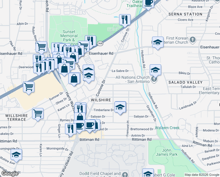 map of restaurants, bars, coffee shops, grocery stores, and more near 3614 Electra Drive in San Antonio