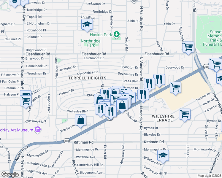 map of restaurants, bars, coffee shops, grocery stores, and more near 320 Harmon Drive in San Antonio