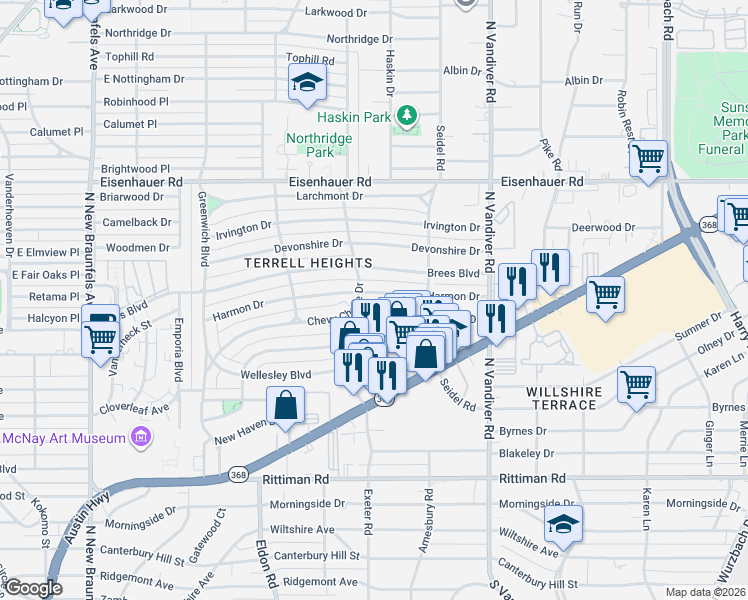 map of restaurants, bars, coffee shops, grocery stores, and more near 320 Harmon Drive in San Antonio