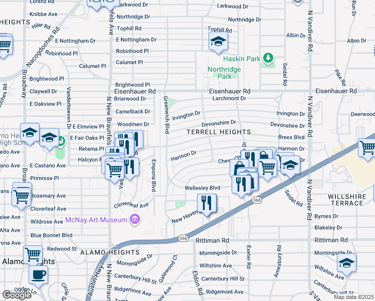 map of restaurants, bars, coffee shops, grocery stores, and more near 139 Harmon Drive in San Antonio