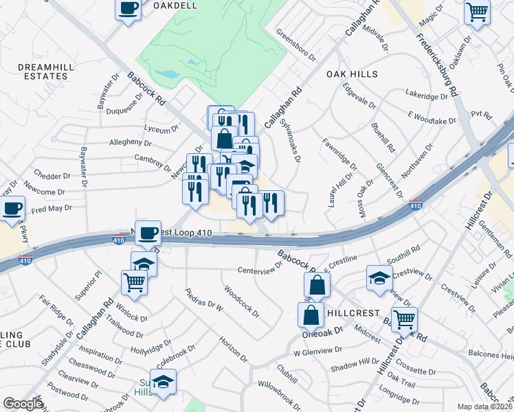 map of restaurants, bars, coffee shops, grocery stores, and more near 1543 Babcock Road in San Antonio