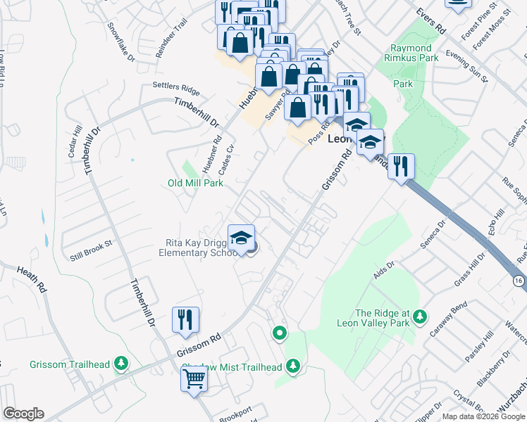 map of restaurants, bars, coffee shops, grocery stores, and more near 6201 Grissom Road in San Antonio