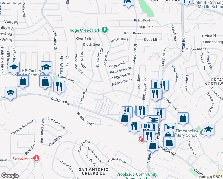 map of restaurants, bars, coffee shops, grocery stores, and more near 6211 Ridge Place Street in San Antonio