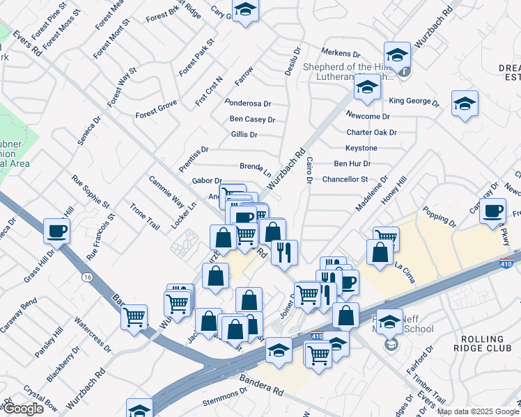 map of restaurants, bars, coffee shops, grocery stores, and more near 6414 Wurzbach Road in San Antonio