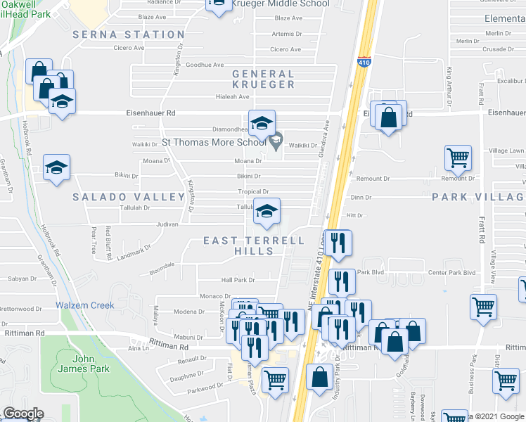 map of restaurants, bars, coffee shops, grocery stores, and more near 4418 Tallulah Drive in San Antonio