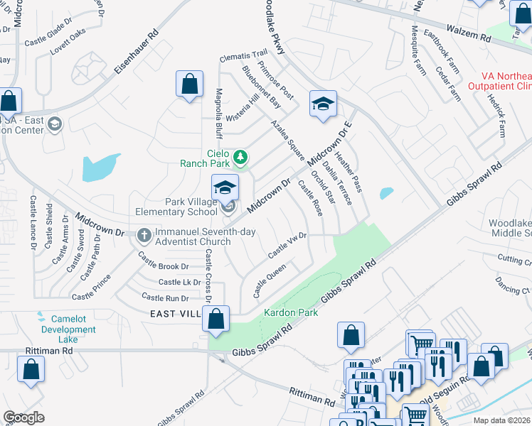 map of restaurants, bars, coffee shops, grocery stores, and more near 4850 Castle Guard Drive in San Antonio