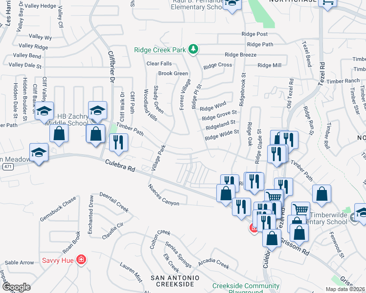 map of restaurants, bars, coffee shops, grocery stores, and more near 9439 Celine Drive in San Antonio