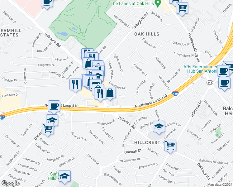 map of restaurants, bars, coffee shops, grocery stores, and more near 6611 Southpoint Street in San Antonio