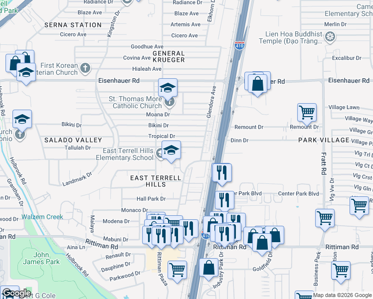 map of restaurants, bars, coffee shops, grocery stores, and more near 4506 Tallulah Drive in San Antonio