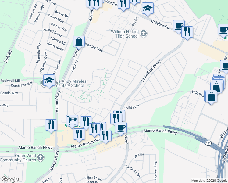 map of restaurants, bars, coffee shops, grocery stores, and more near 11726 Pandorea in San Antonio