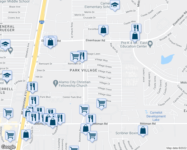 map of restaurants, bars, coffee shops, grocery stores, and more near 5019 Village Trail in San Antonio