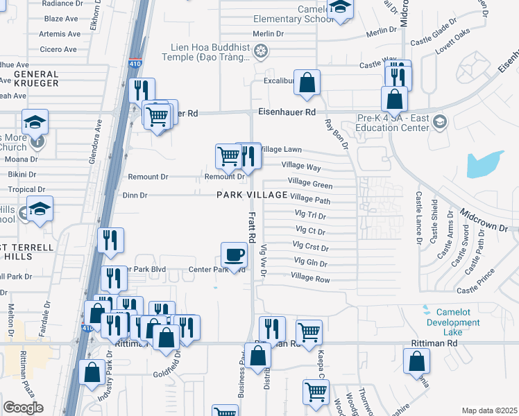map of restaurants, bars, coffee shops, grocery stores, and more near 4831 Village View in San Antonio