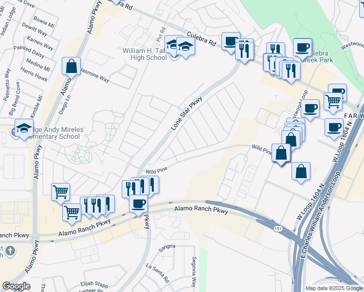 map of restaurants, bars, coffee shops, grocery stores, and more near Lily Blair in San Antonio