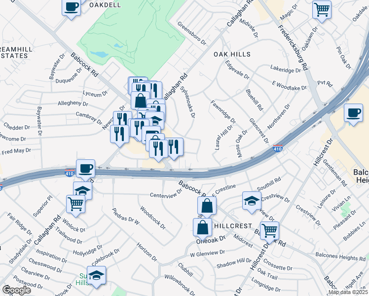 map of restaurants, bars, coffee shops, grocery stores, and more near 6611 Southpoint Street in San Antonio