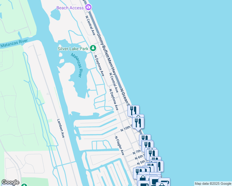 map of restaurants, bars, coffee shops, grocery stores, and more near 1335 North Central Avenue in Flagler Beach