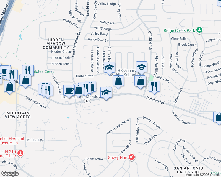 map of restaurants, bars, coffee shops, grocery stores, and more near 9642 Sekula Drive in San Antonio