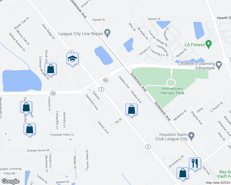 map of restaurants, bars, coffee shops, grocery stores, and more near 1750 Carolina Avenue in League City