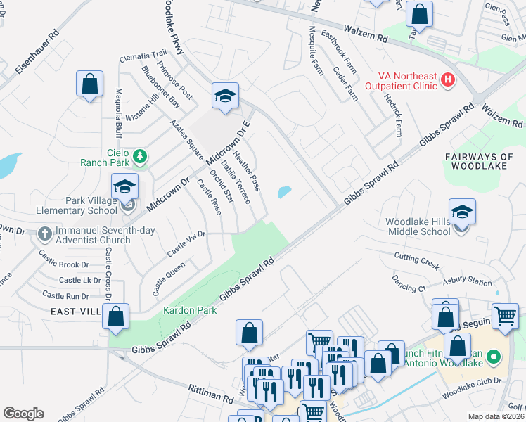 map of restaurants, bars, coffee shops, grocery stores, and more near 4811 Heather Pass in San Antonio