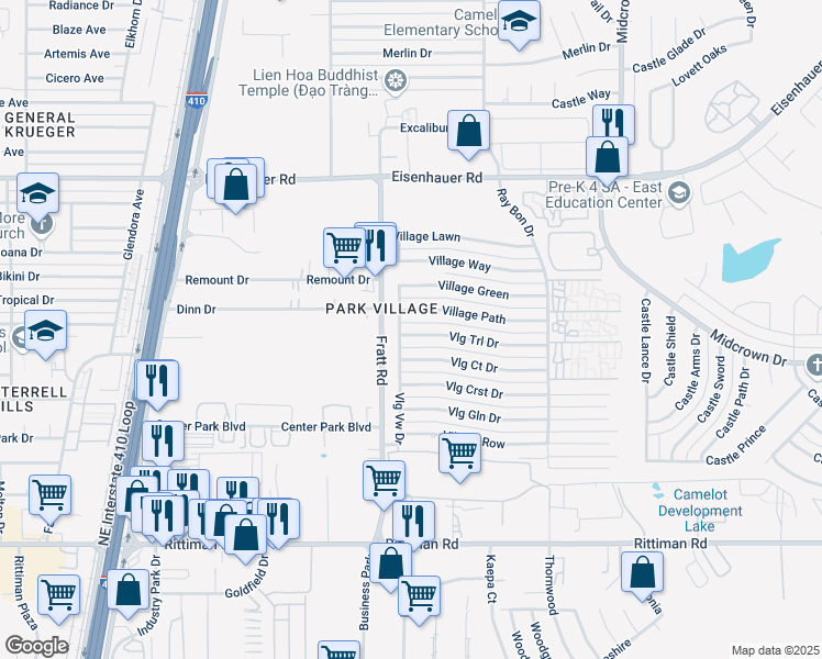 map of restaurants, bars, coffee shops, grocery stores, and more near 5019 Village Trail in San Antonio