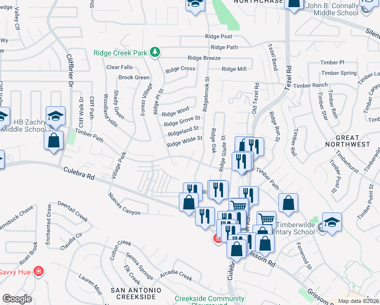 map of restaurants, bars, coffee shops, grocery stores, and more near 6214 Ridge Arbor Street in San Antonio