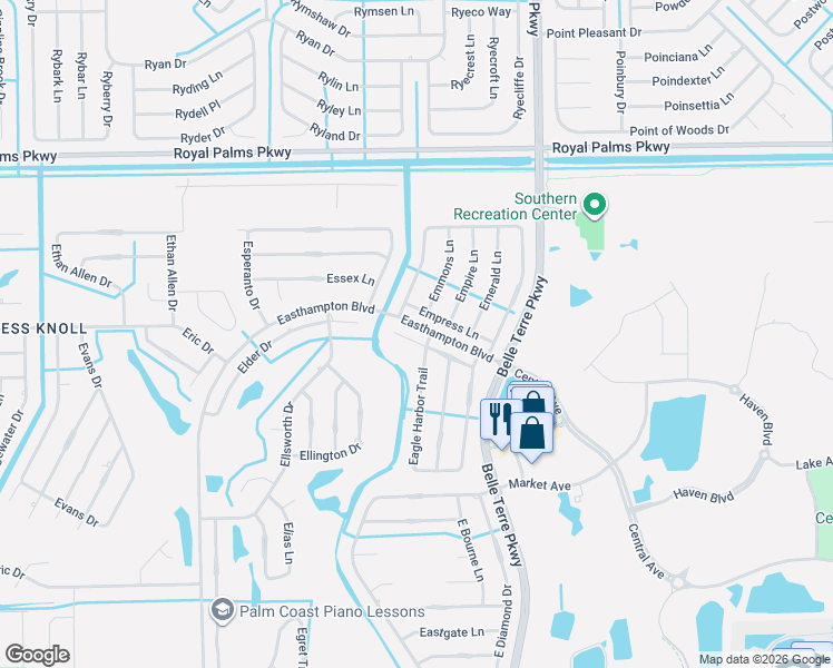 map of restaurants, bars, coffee shops, grocery stores, and more near 4 Eagle Place in Palm Coast