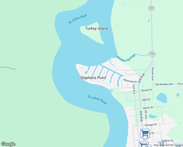 map of restaurants, bars, coffee shops, grocery stores, and more near 156 Moonlite Drive in Welaka
