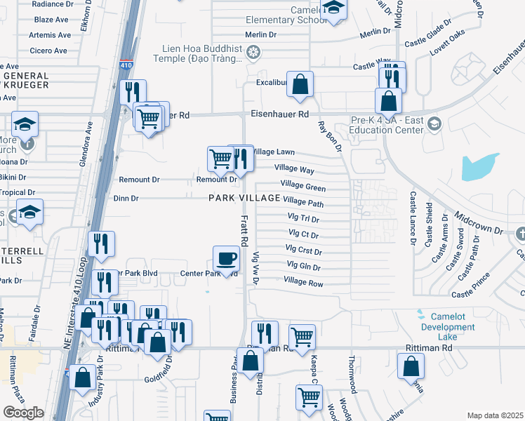 map of restaurants, bars, coffee shops, grocery stores, and more near 5019 Village Trail in San Antonio