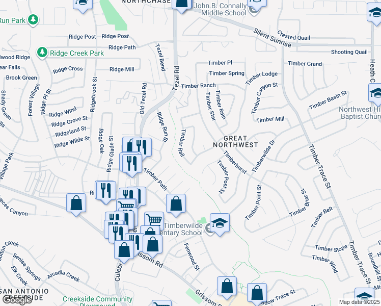 map of restaurants, bars, coffee shops, grocery stores, and more near 5611 Timber Wagon in San Antonio