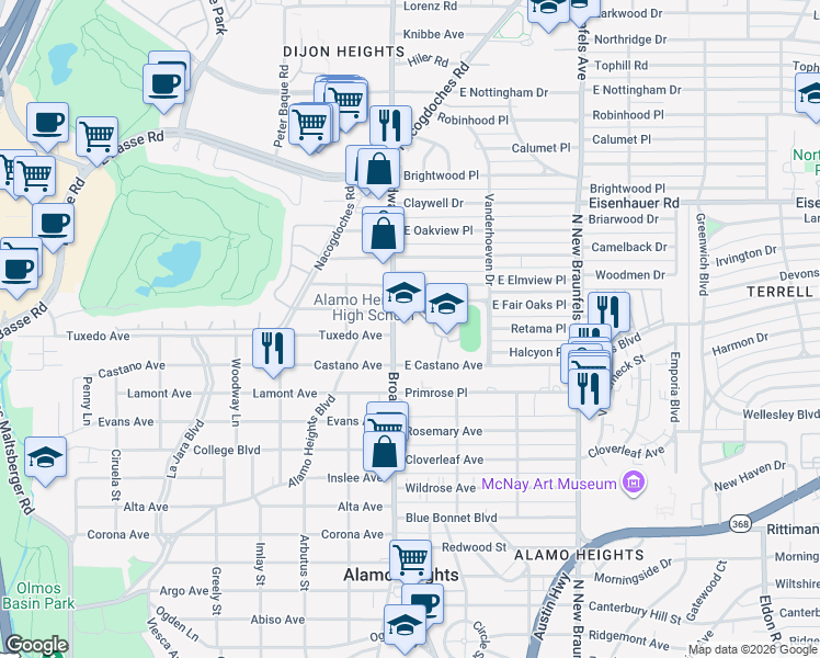 map of restaurants, bars, coffee shops, grocery stores, and more near 6900 Broadway Street in San Antonio