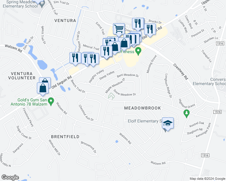 map of restaurants, bars, coffee shops, grocery stores, and more near 6694 Snow Meadow Drive in Converse