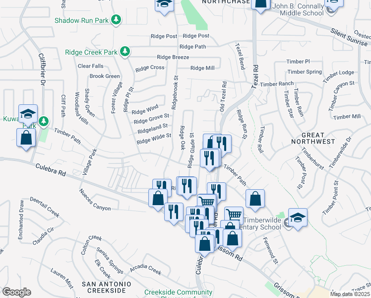 map of restaurants, bars, coffee shops, grocery stores, and more near 6128 Ridge Oak in San Antonio