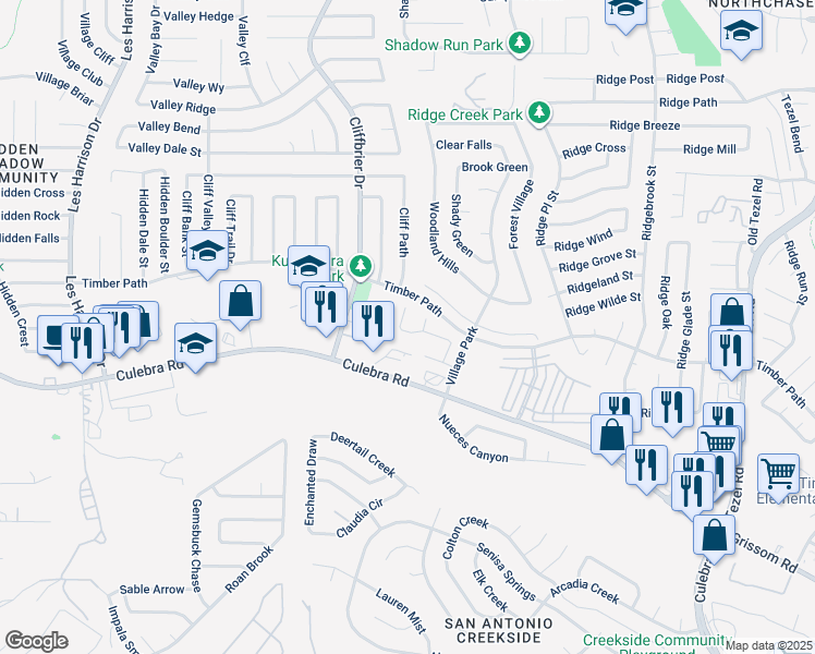 map of restaurants, bars, coffee shops, grocery stores, and more near 6010 Old Chimney in San Antonio