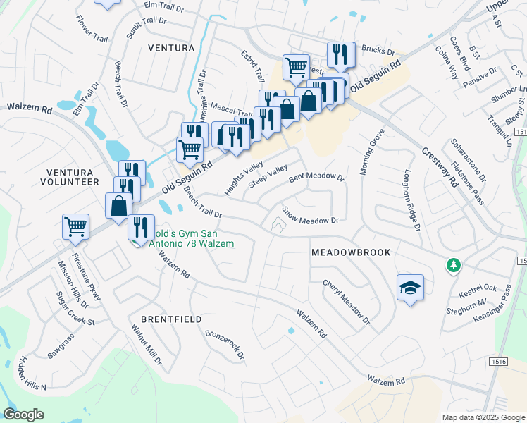 map of restaurants, bars, coffee shops, grocery stores, and more near 6630 Meadow Ash Drive in Converse