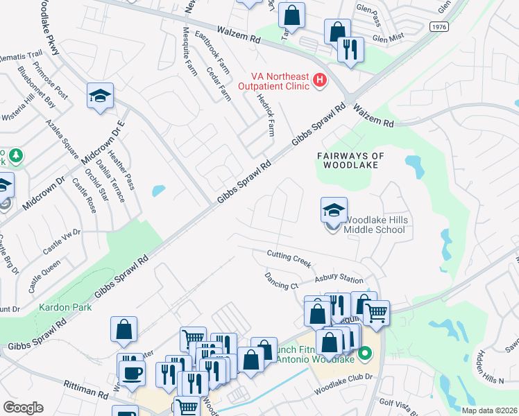 map of restaurants, bars, coffee shops, grocery stores, and more near 6910 Hanover Stone in San Antonio