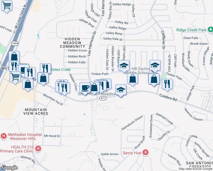 map of restaurants, bars, coffee shops, grocery stores, and more near 5810 Hidden Bay in San Antonio