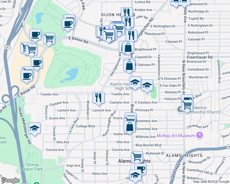 map of restaurants, bars, coffee shops, grocery stores, and more near 211 Tuxedo Avenue in San Antonio