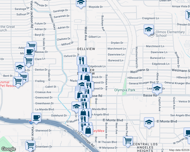 map of restaurants, bars, coffee shops, grocery stores, and more near 243 Redrock Drive in San Antonio