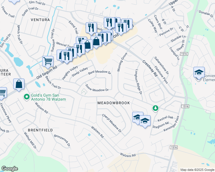 map of restaurants, bars, coffee shops, grocery stores, and more near 8310 Pine Meadow Drive in Converse