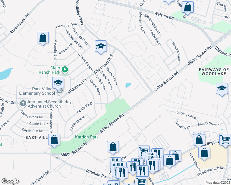map of restaurants, bars, coffee shops, grocery stores, and more near 4814 Dahlia Terrace in San Antonio