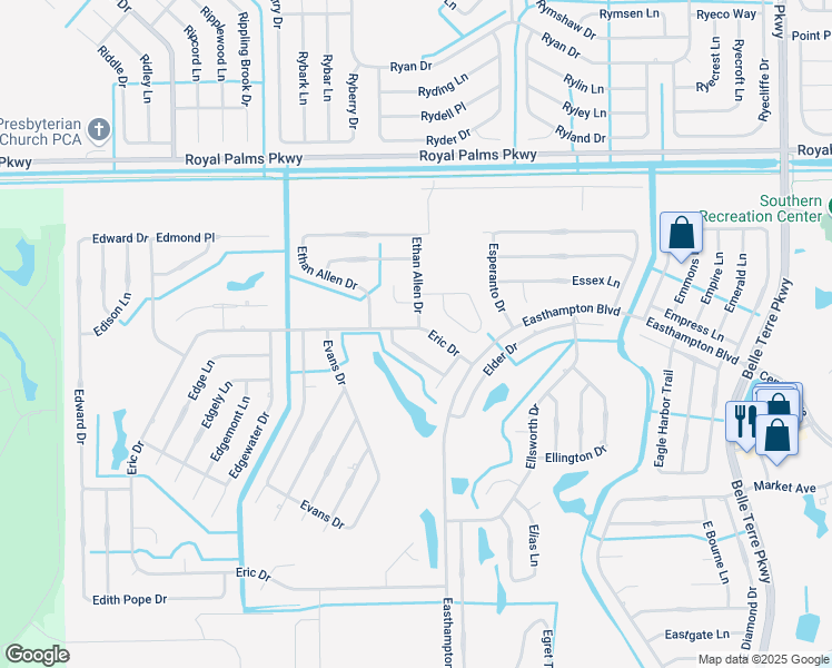 map of restaurants, bars, coffee shops, grocery stores, and more near 19 Eric Drive in Palm Coast