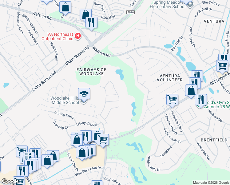map of restaurants, bars, coffee shops, grocery stores, and more near 7227 Glen Ellen Bay in San Antonio