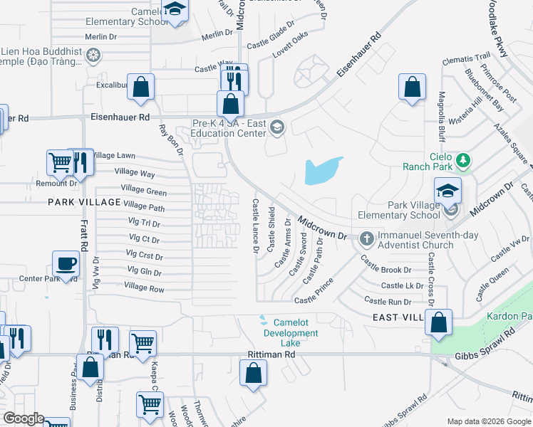 map of restaurants, bars, coffee shops, grocery stores, and more near 4863 Castle Shield in San Antonio