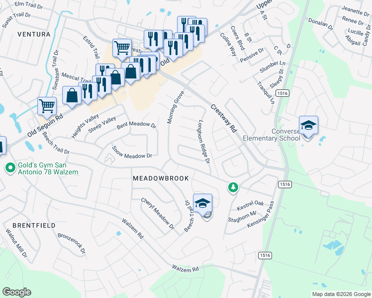 map of restaurants, bars, coffee shops, grocery stores, and more near 6830 Columbia Ridge Drive in Converse