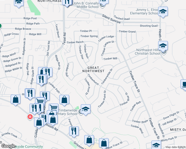 map of restaurants, bars, coffee shops, grocery stores, and more near 5430 Timberhurst in San Antonio
