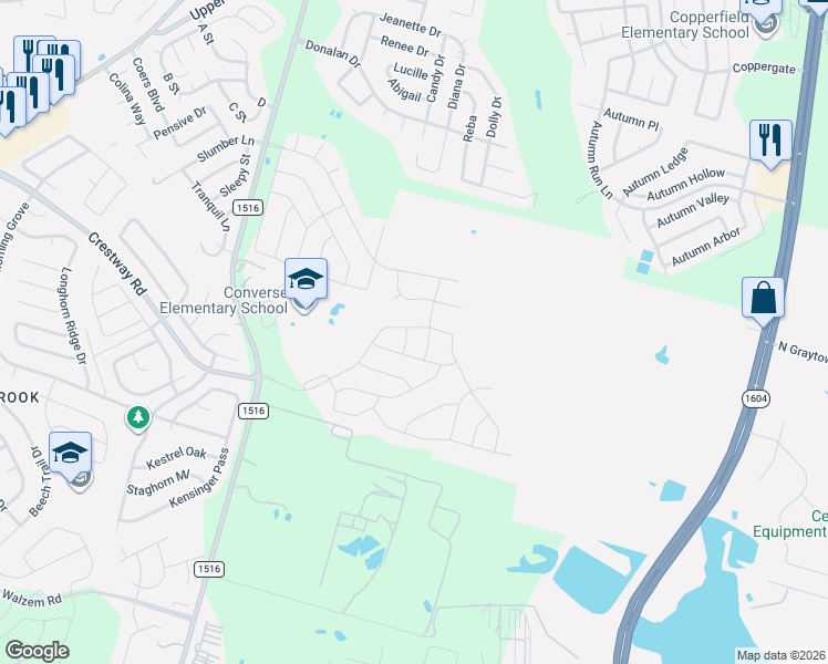 map of restaurants, bars, coffee shops, grocery stores, and more near 6534 Fm 1516 N in Converse