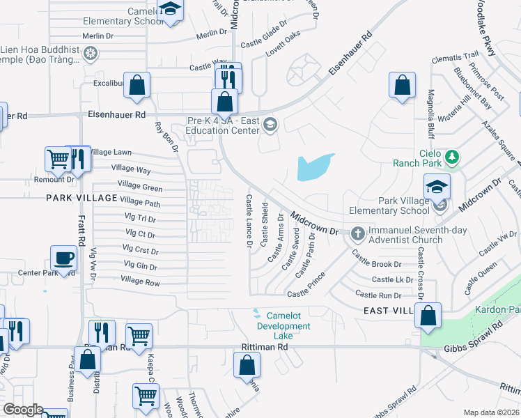 map of restaurants, bars, coffee shops, grocery stores, and more near 4866 Castle Lance in San Antonio