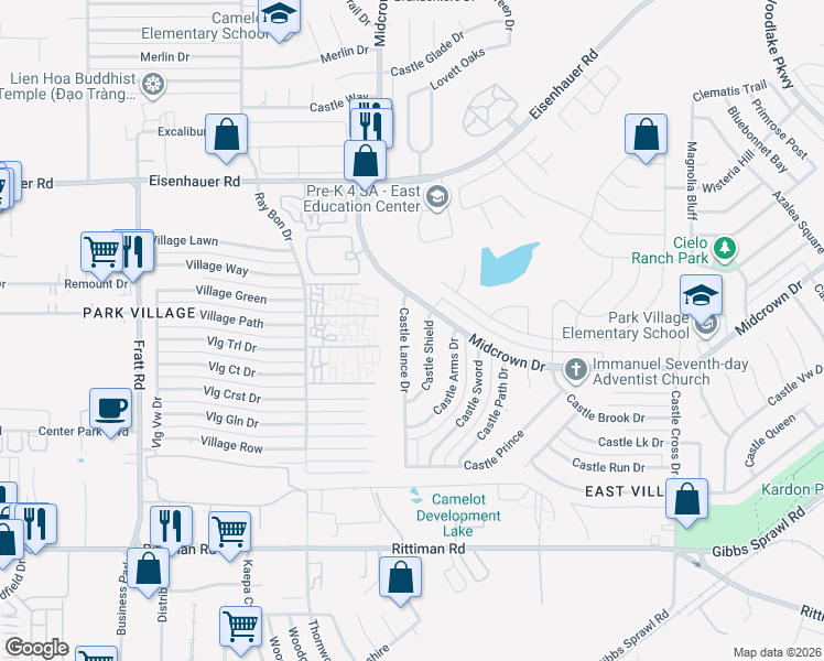 map of restaurants, bars, coffee shops, grocery stores, and more near 4866 Castle Lance in San Antonio