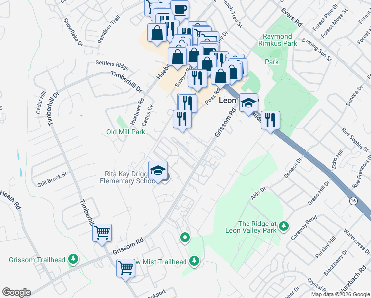 map of restaurants, bars, coffee shops, grocery stores, and more near 6213 Grissom Road in Leon Valley