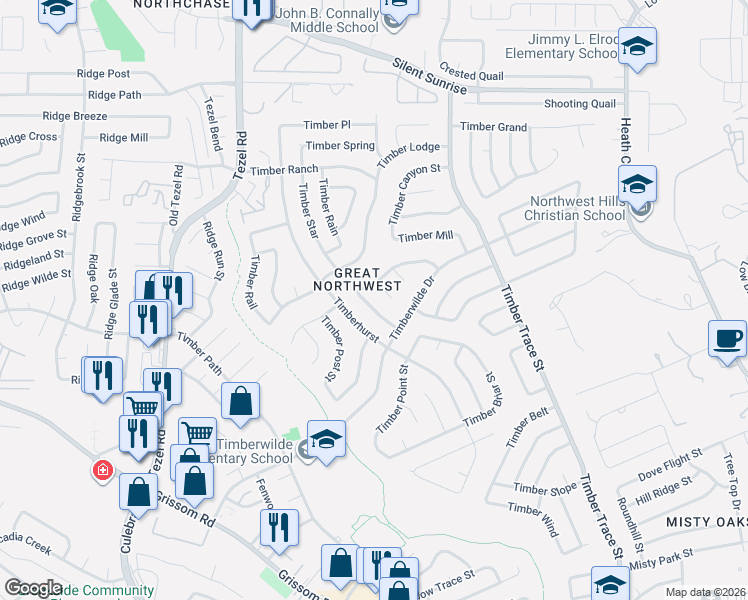 map of restaurants, bars, coffee shops, grocery stores, and more near 5426 Timber Meadow Street in San Antonio